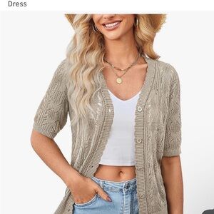 Women's Beige Crochet Short Sleeve Cardigan Sweater